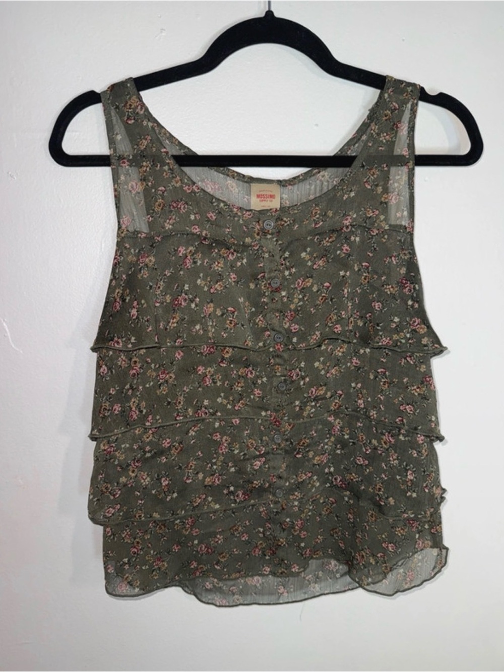 Mossimo Supply Co. Olive Green Floral Ruffle Button-Front Tank